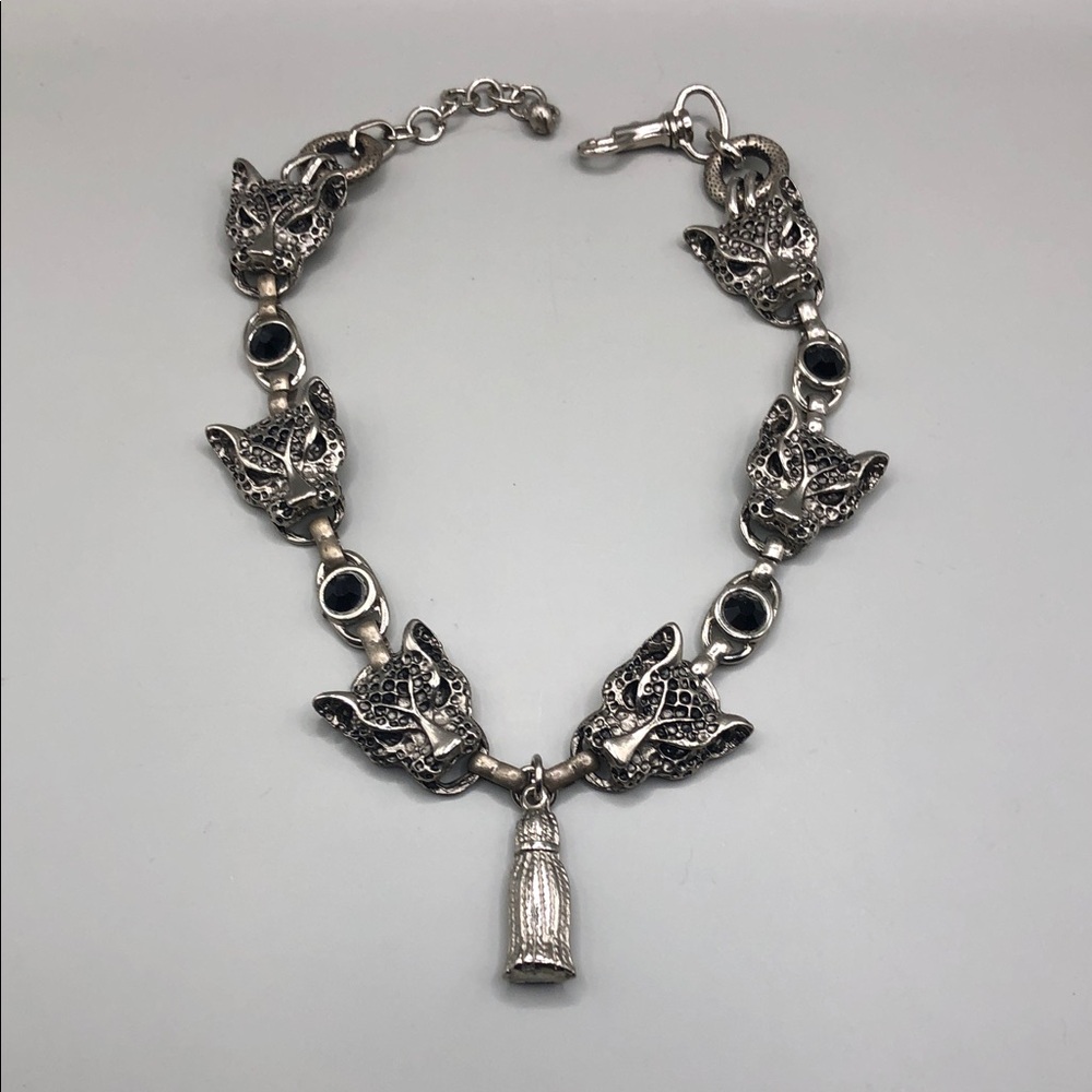 Upcycled panther links chunky utility style collar necklace statement silver.